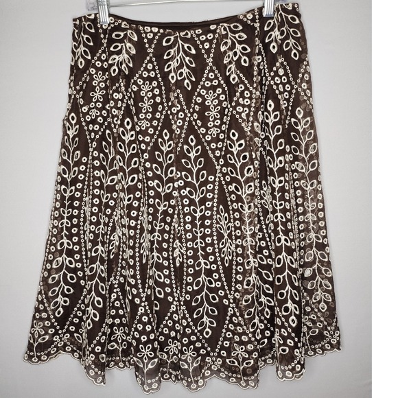 Peter‎ Nygard Embroidery Eyelet Silk Skirt Boho Brown Size 14 side Zipper - Picture 2 of 6